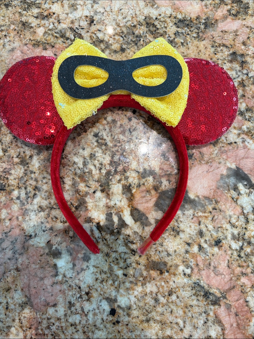 Incredibles Themed Sequin Ear Headband with Yellow Bow and Black Mask Accent